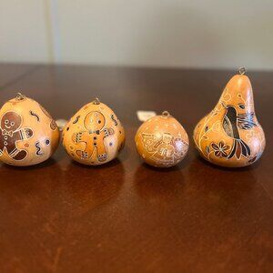 Set Of 4 Lucuma Designs Handmade Gourd Ornaments With Gingerbread & Bird Motifs